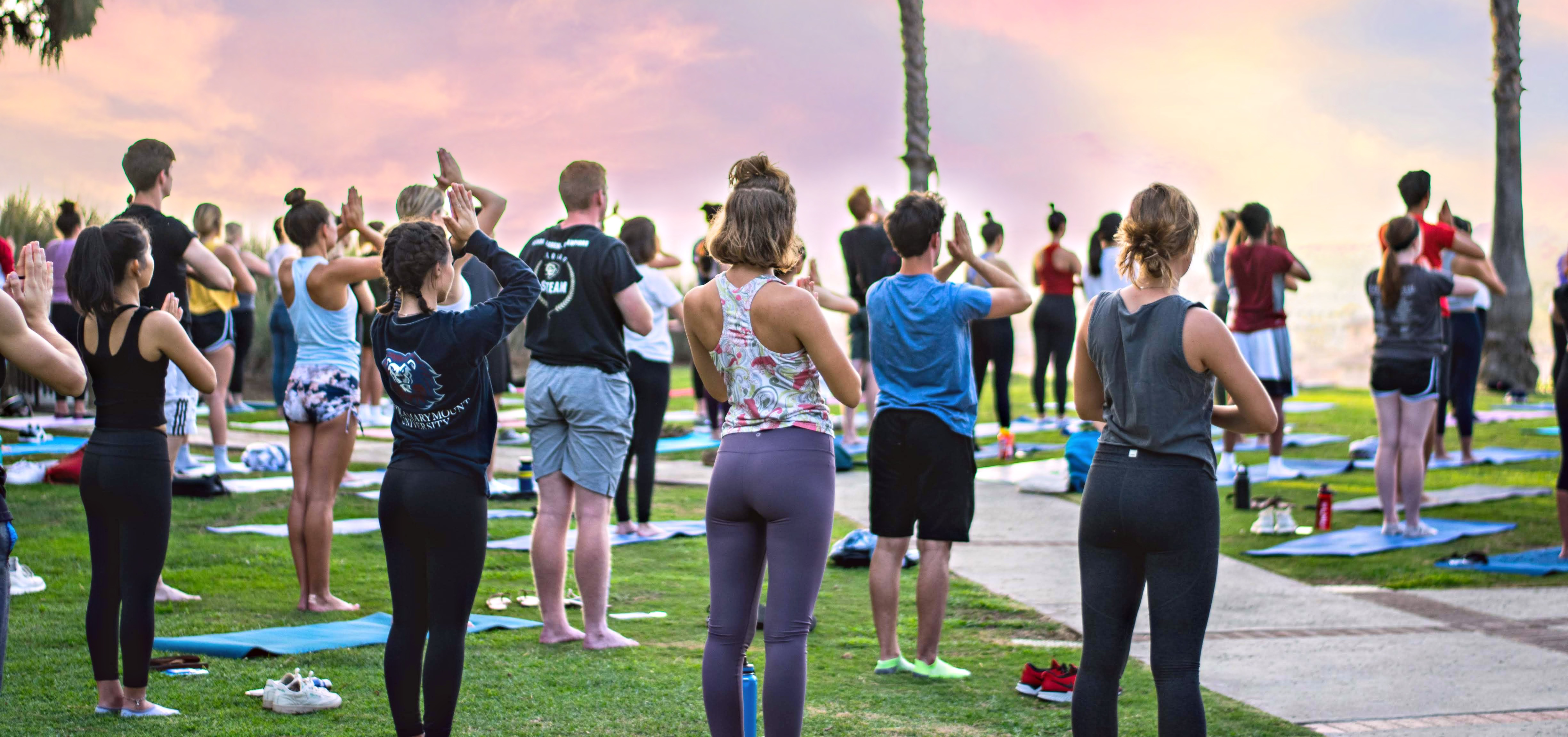 Students doing yoga at the bluff during sunset